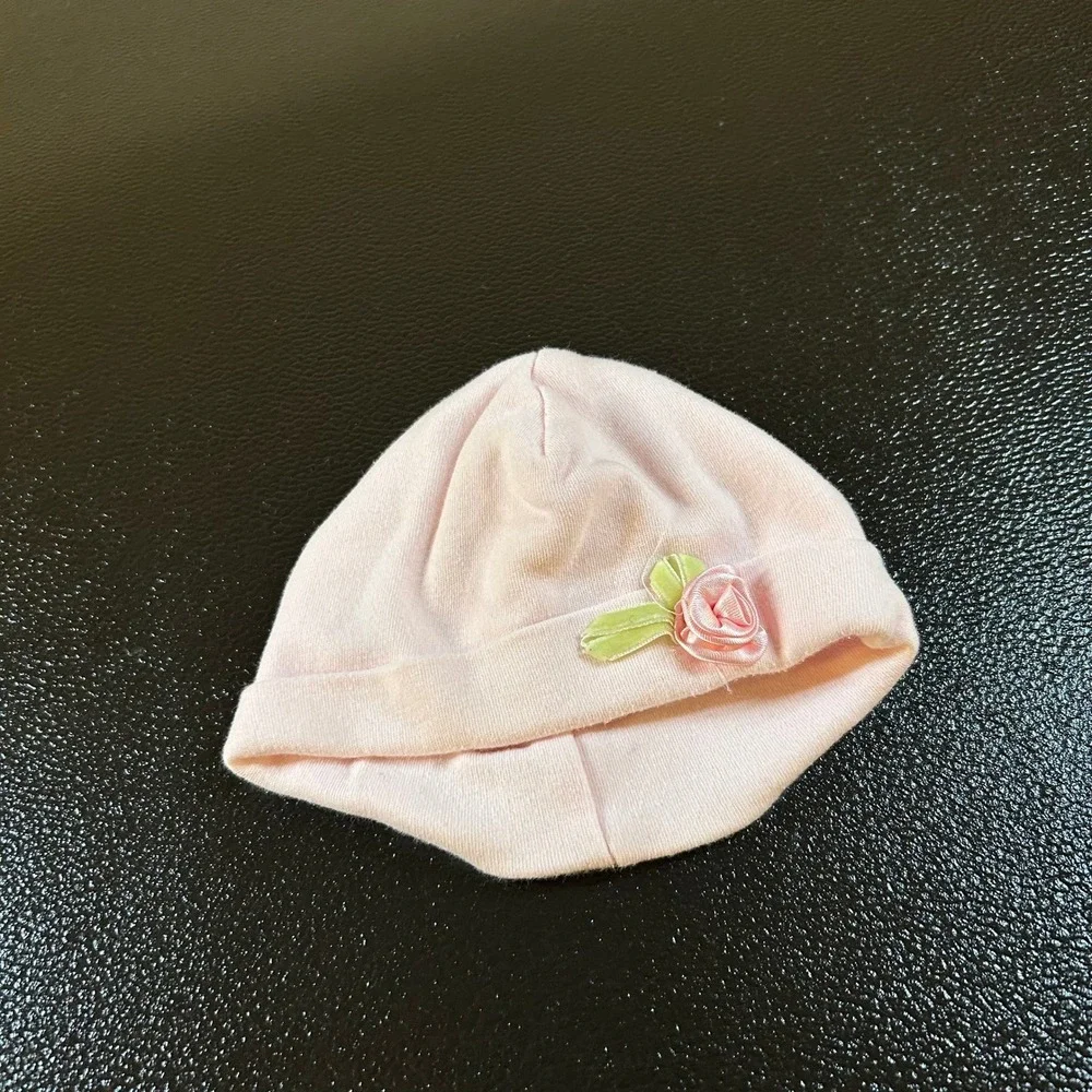 Baby Beanie Hat Pink Rose Applique Infant Newborn Girl Cute Soft size 0-3 Months